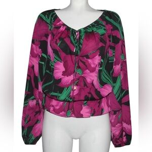 MICHAEL KORS Tropical Floral Peasant Style Elastic Neck Waist Ties Top Wm's XL